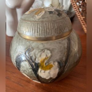 Vintage Enamel Brass Lidded Vase Pot with Floral Design